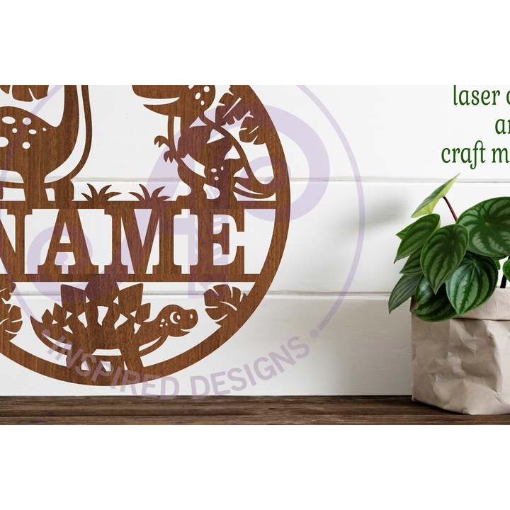 Semn de nume Dinos dragut din lemn, Intrahome, 30x20cm, 3mm-4mm, pentru decorare personalizata