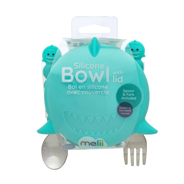 Szilikon uzsonnás doboz fedéllel és evőeszközökkel, melii, cápa modell