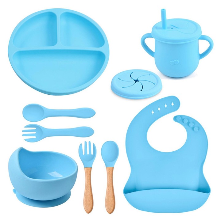 Set hranire din silicon pentru copii – 8 piese, din silicon BPA free, 6+ luni Denn Store, farfurie, bol, pahar, bavetica, tacamuri, Set pentru diversificare