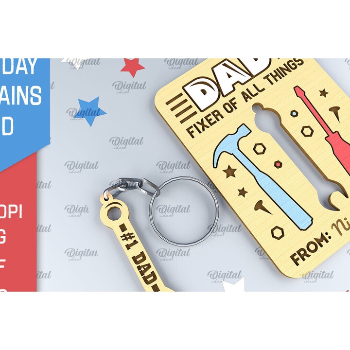 Brelocuri din lemn, Intrahome, set brelocuri pentru Ziua Tatalui, taiate cu laser, 4x4 cm