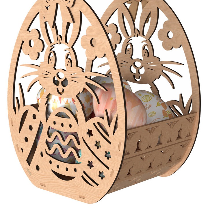 Cos Paschalino Iepuras din Plywood Laser Cut, 15x15 cm, Intrahome, 3mm-4mm, Set DIY