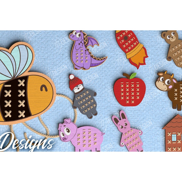 Set de jocuri educative, Intrahome, Paketo zoon Cross Stitch, din lemn, 3mm-4mm, 15x15cm