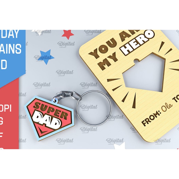 Brelocuri din lemn, Intrahome, set de brelocuri pentru Ziua Tatalui, taiate cu laser, 4x4 cm