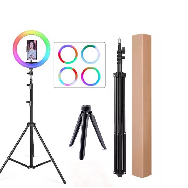 Ring Light RGB HOZRO, diametru 30 cm/12" cu Trepied Mare Reglabil, Trepied Mic si Suport Telefon – Lumina Colorata pentru Selfie, Machiaj, TikTok, Vlogging