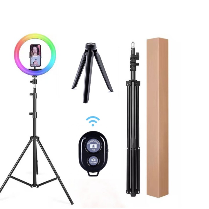 Ring Light RGB HOZRO, diametru 30 cm/12" cu Trepied Mare Reglabil, Trepied Mic, Telecomanda si Suport Telefon – Lumina Colorata pentru Selfie, Machiaj, TikTok, Vlogging
