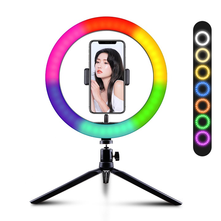 Ring Light RGB 26cm cu Trepied Mic si Suport Telefon, Lumina Multicolora pentru Selfie si Vlogging