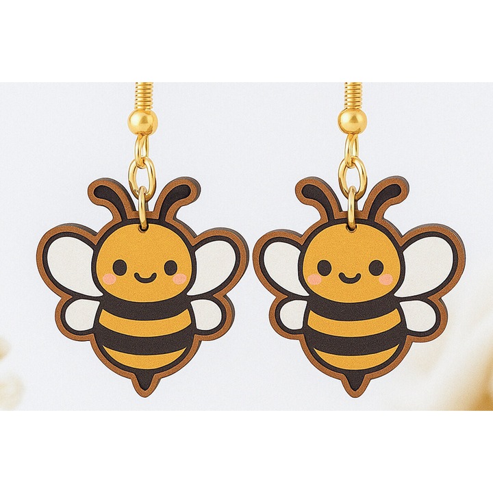 Cercei din lemn taiati cu laser, Intrahome, albina draguta, 3x3 cm, set