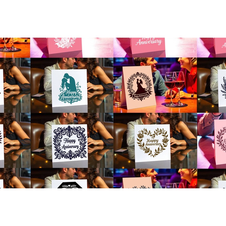 Pachet felicitari Cricut Happy Anniversary, Intrahome, din plywood 3mm-4mm, 20x20cm