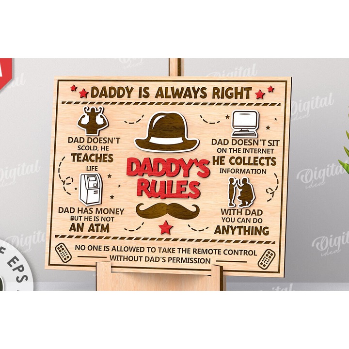 Placa decorativa din lemn taiat laser, Intrahome, reguli ale tatalui, 30x20cm, 3mm-4mm