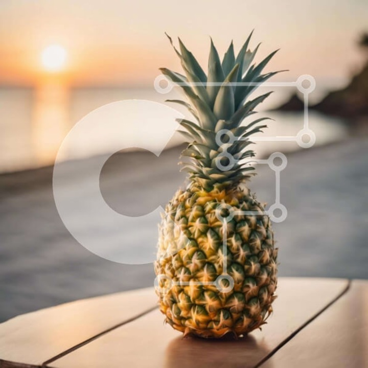 Puzzle din lemn Intrahome - Ananas proaspat pe masa de lemn, 25 piese, 10x10 cm, cutie din lemn wenge