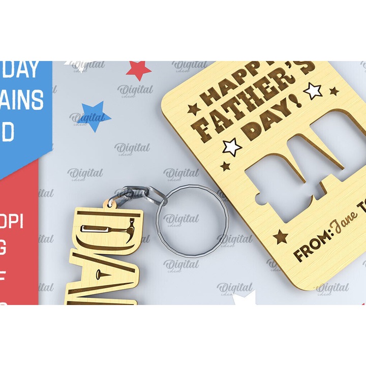 Brelocuri din lemn, Intrahome, set brelocuri pentru Ziua Tatalui, taiate cu laser, 4x4 cm