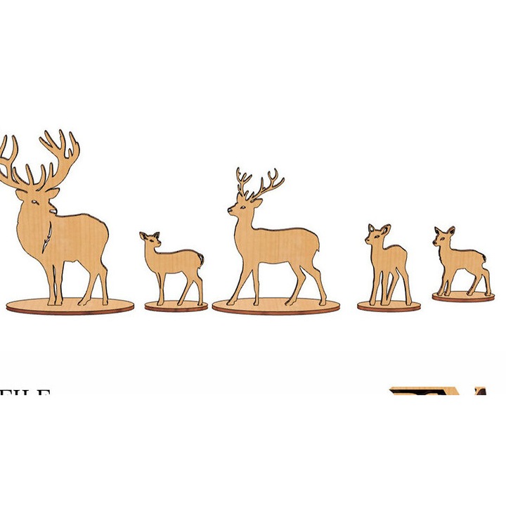 Set de fisiere taiate laser din lemn de brad, Intrahome, familie de cerbi, 20x20 cm, 3mm-4mm