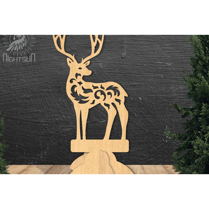 Decoratiune de perete din lemn taiat cu laser, Intrahome, cerb, 20x20 cm, 3mm-4mm