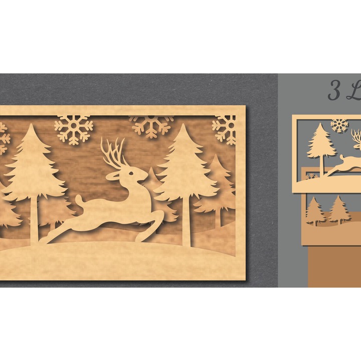 Decoratiune laser taiata din lemn - Intrahome, scena cerbilor, 20x20 cm, 3mm-4mm