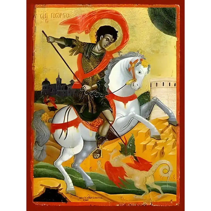 Icoana Ortodoxa, Intrahome, Sf. Gheorghe, dimensiune 40x30 cm, lemn Phlamouria, cu rama aurie