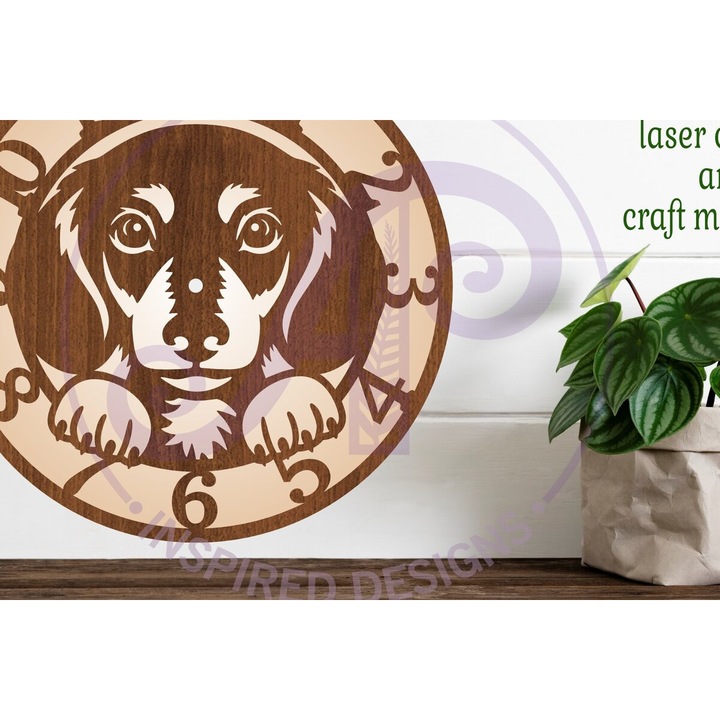 Ceas decorativ din lemn, Intrahome, caine Dachshund, 30x20cm, taiat cu laser, 3mm-4mm