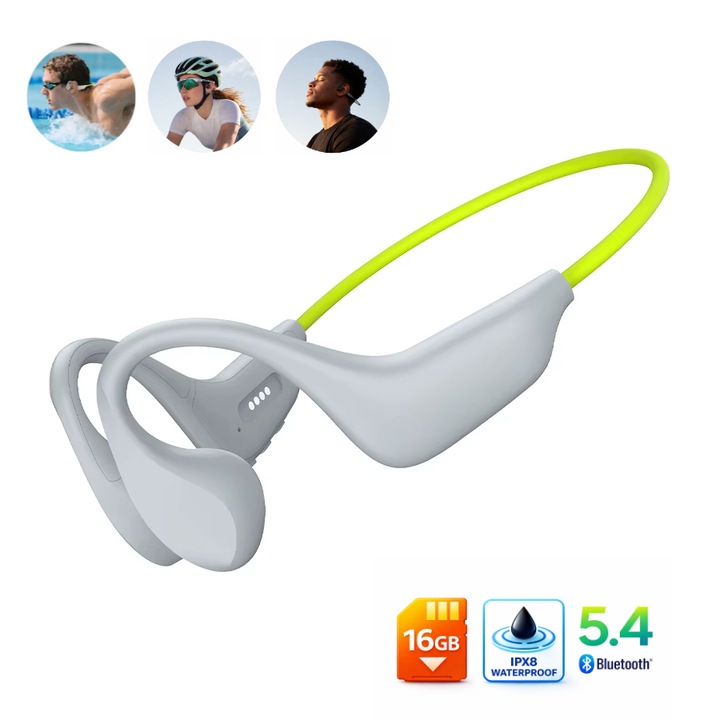 Casti Bluetooth BE20, cu Conductie Osoasa, Casti Wireless, Open Ear, Audio, pentru Inot si Sport, Card TF de 16GB integrat, MP3, 8h Autonomie, Impermeabile, Muzica si Apeluri clare HiFi, cu Banda pentru Gat, Design Ergonomic, Ultra-Confort, Verde-Gri