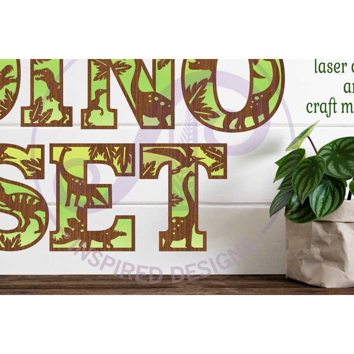 Set litere alfabet dinozaur 2 straturi, Intrahome, 30x20 cm, din lemn placaj 3mm-4mm