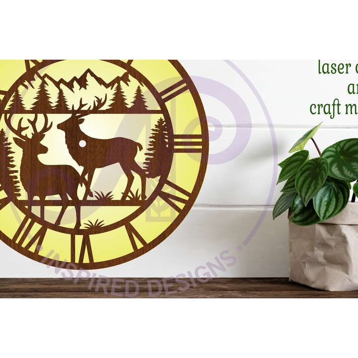 Ceas decorativ din lemn, Intrahome, taiat laser, 30x20cm, 3mm-4mm, design cerb