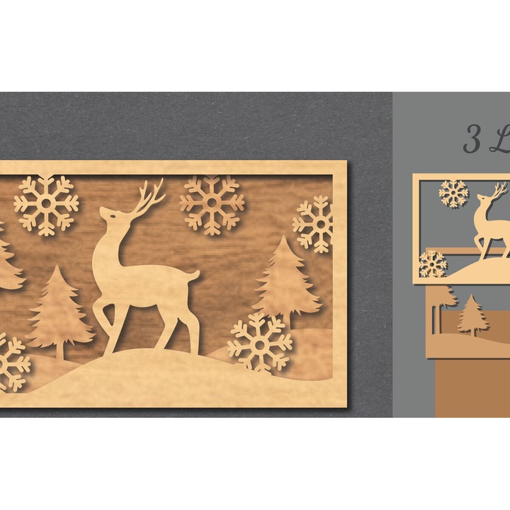 Decoratiune de perete din lemn taiat cu laser, Intrahome, scena cu cerb, 20x20cm, 3mm-4mm