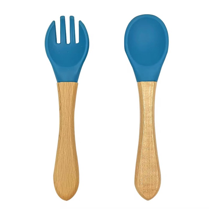 Set tacamuri din silicon alimentar cu lingurita si furculita, maner din lemn Denn Store, pentru diversificare bebelusi 6+ luni