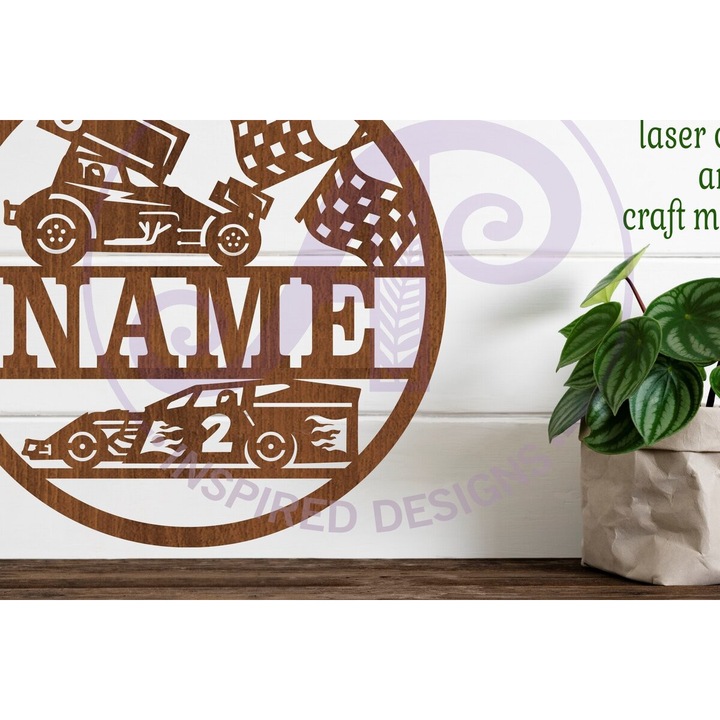 Set de accesorii decorative din lemn, Intrahome, masini de curse off-road, taiate cu laser, 30x20cm, 3mm-4mm