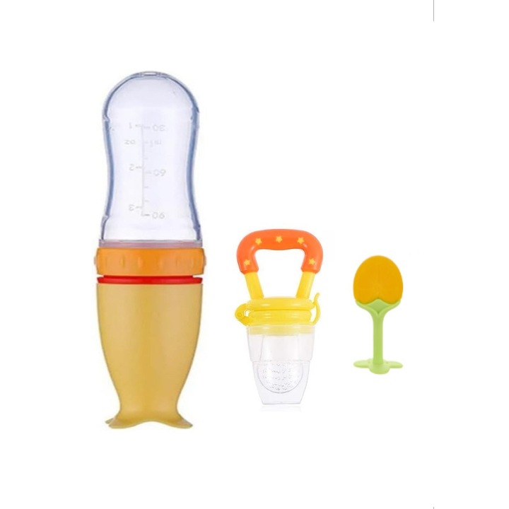 Set hranire copii Lingurita din silicon cu rezervor pentru diversificare galben, Suzeta pentru fructe si legume galben, jucarie dentitie portocala, silicon, Funny Party Shop®