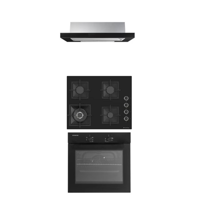 Pachet cuptor electric, plita gaz sticla si hota telescopica Viva Black Studio Casa, 56 l, Clasa energetica A, 6 functii, 4 arzatoare gaz, Wok, 2 motoare, Negru