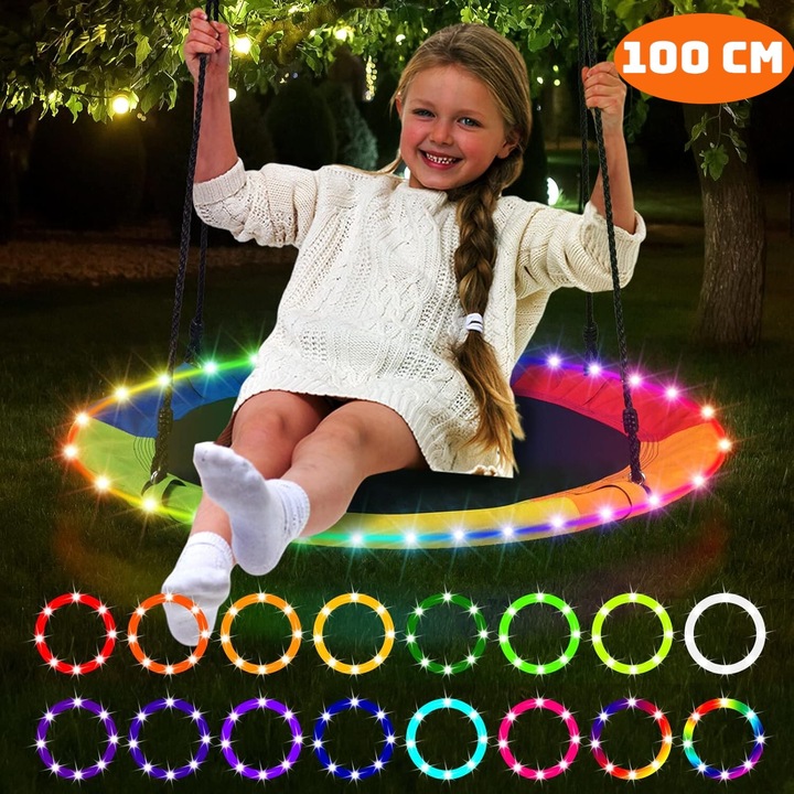 Люлка гнездо SmartVibe Kango FLASH 100 см, LED светлина, 4 режима/16 цвята, водоустойчива, стоманена рамка