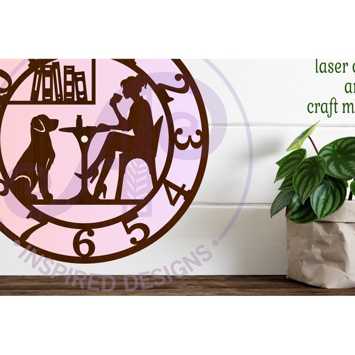 Ceas decorativ Intrahome, Dog Friendly Cafe, 30x20cm, din plywood 3mm-4mm