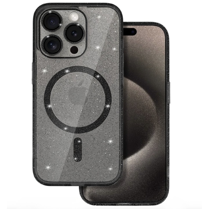 Husa de protectie compatibila cu Apple iPhone 15 Plus, Luxury Glitter, compatibila MagSafe, TPU, Negru