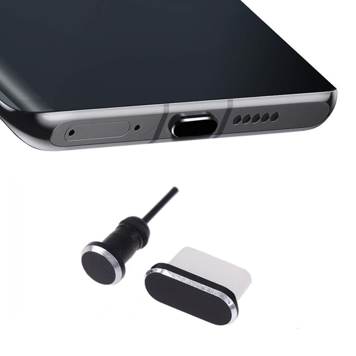 Set 2 protectii telefon antipraf, Compatibil cu Type-C/Jack 3.5 mm, Aliaj+PVC, Negru, FABOKA®