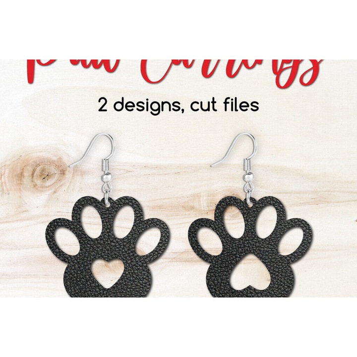 Cercei din lemn cu amprenta de caine si inima, Intrahome, 3x3 cm, set pentru taiere cu plotter