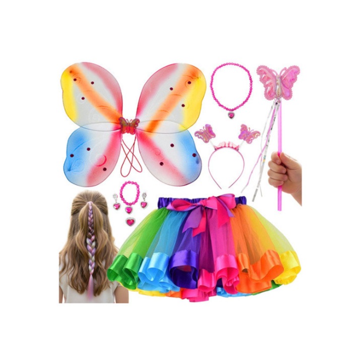 Costum Fluture pentru fetite, Glow Goods, aripi, banda de sustinere, fusta, banda de par, bijuterii, bagheta - costum fashion pentru bal, multicolor, marime universala