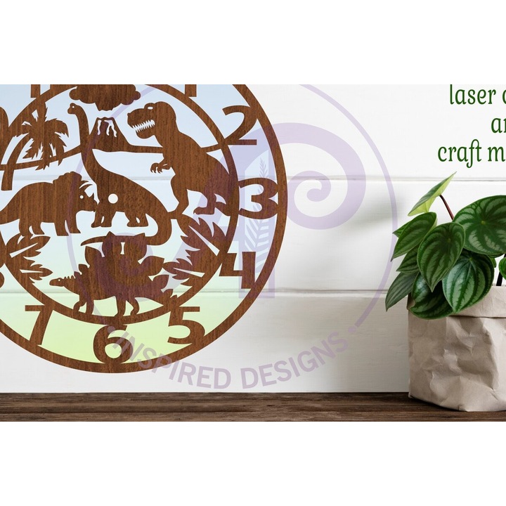 Ceas decorativ Intrahome, rola toichou cu dinozauri, din plywood, 3mm-4mm, 30x20cm, culoare wenge