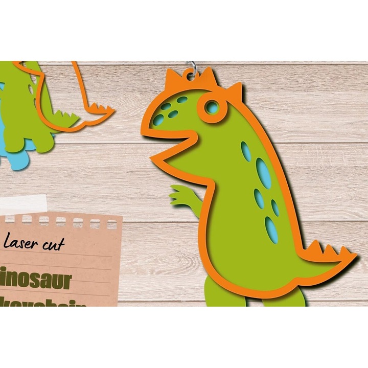 Breloc Dinosaur 3D, Intrahome, din lemn de placaj 3mm-4mm, dimensiune 3x3 cm, fabricat in Grecia