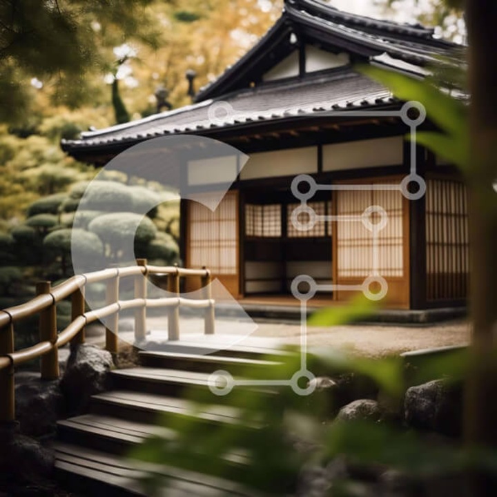 Puzzle din lemn Intrahome - Kterio japonez cu peisaj de gradina, 10x10 cm, 25 piese, cutie din lemn wenge