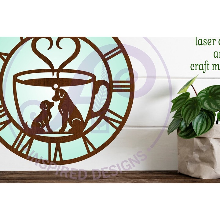 Ceas decorativ Dog Friendly Cafe, Intrahome, 30x20cm, din plywood 3mm-4mm, cu laser