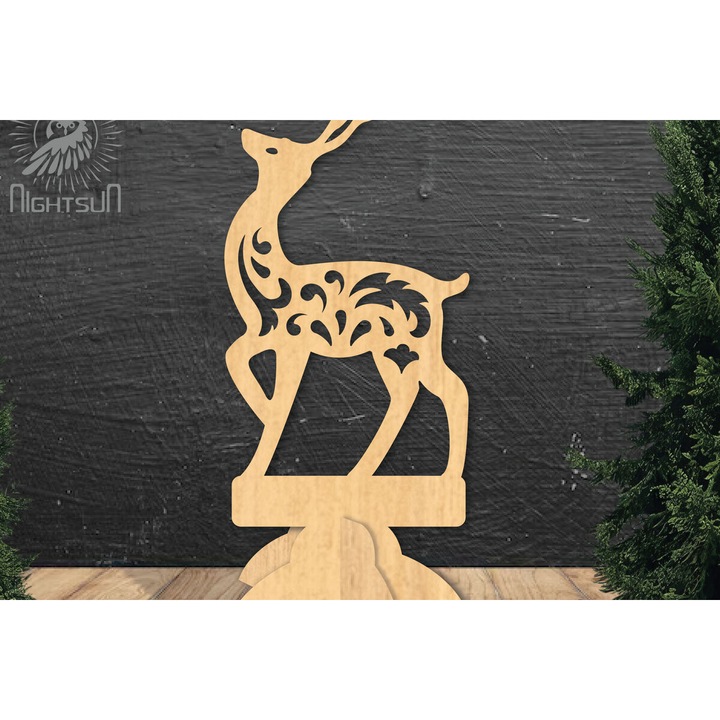 Decoratiune de perete din lemn taiat cu laser, Intrahome, cerb, 20x20 cm, 3mm-4mm, set
