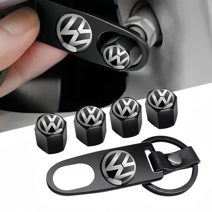 ARRRD® Set 4 Capacele pentru Ventil Auto Volkswagen Negre - Instrument Instalare Portcheie, Antipraf si Antileac