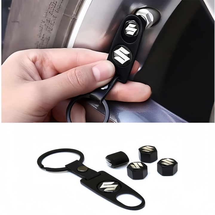 ARRRD® Set 4 Capacele pentru Ventil Auto Suzuki Negre - Instrument Instalare Portcheie, Antipraf si Antileac