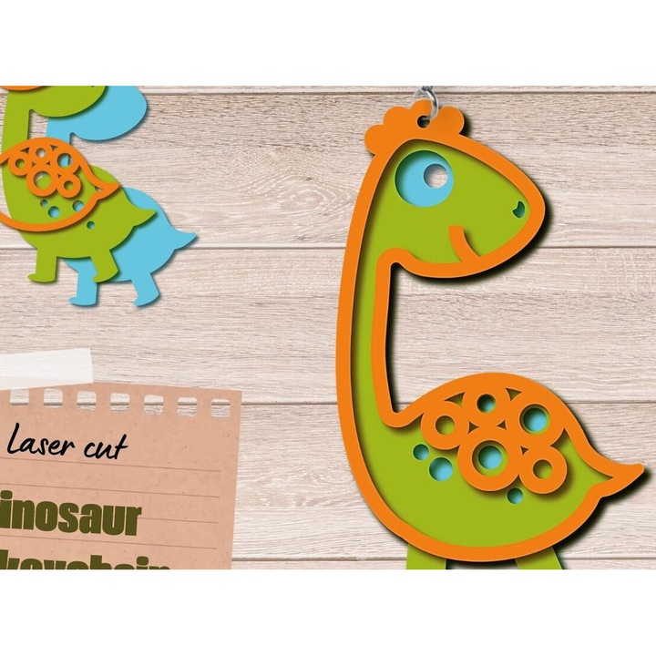 Breloc Dinosaur 3D, Intrahome, din lemn stratificat 3mm-4mm, dimensiune 3x3cm, set de bricolaj