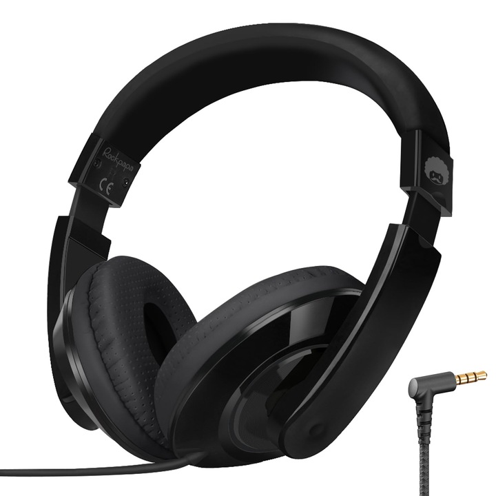 Casti RockPapa Over-Ear pentru copii, pliabile, negre, sunet stereo