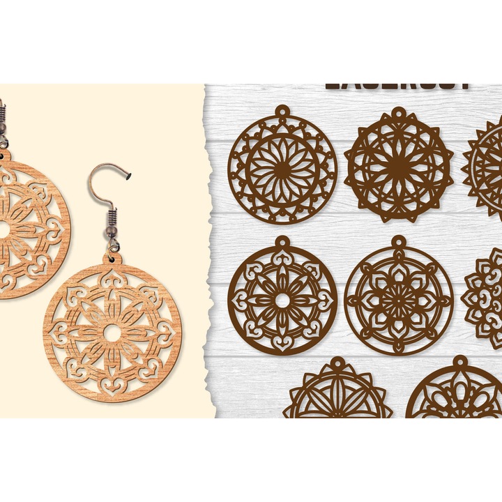 Set placi lemn Mandala Lasercut, Intrahome, 3mm-4mm, 3x3cm, pentru decoratiuni si proiecte DIY