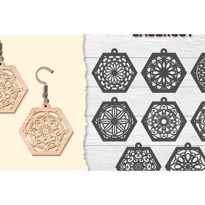 Set placi lemn Mandala Lasercut, Intrahome, 3mm-4mm, 3x3cm, pentru decoratiuni si proiecte DIY