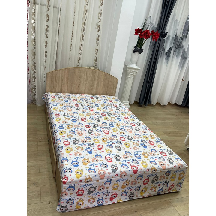 Cearceaf pentru pat mediu, culoare alb/multicolor, pentru saltea intre 140-160cm, "LaBubu" by Liz Line, 210x215cm din bumbac - CR210260