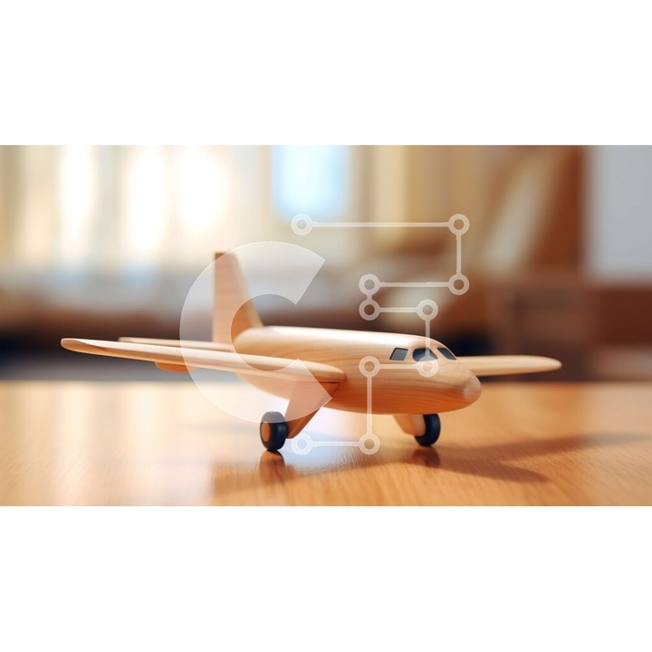 Puzzle din lemn Intrahome - Aeroplan pe masa cu vedere la orizont, 10x10 cm, 25 piese, cutie din lemn wenge