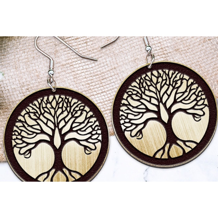 Cercei Boho din lemn taiat cu laser, Intrahome, 3x3 cm, 3mm-4mm, set de bijuterii pentru femei