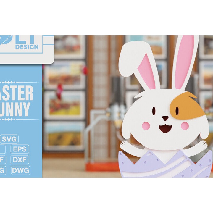 Iepuras de Paste 3D din lemn taiat cu laser, 20x25 cm, set de accesorii decorative