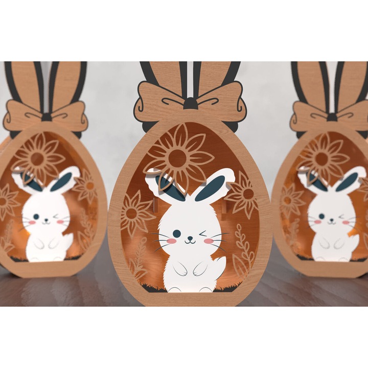 Lanterina 3D stratificata Iepuras de Paste, Intrahome, din plywood, 15x15cm, 3mm-4mm